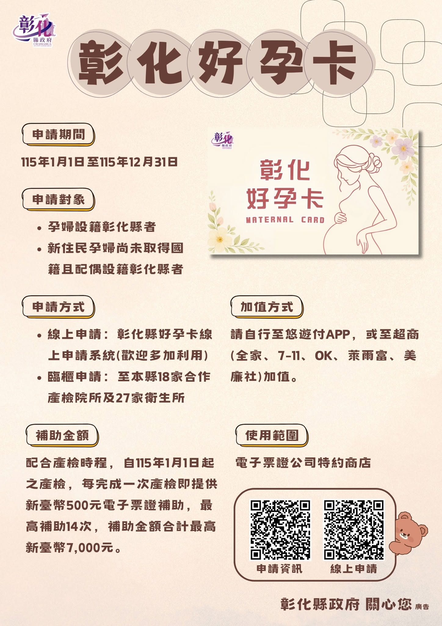 「彰化好孕卡」上網掛失後， 繳費125 元至衛生局專戶，致電告知保健科分機5510、5513、5514、5515，告知「姓名、匯款資訊」，持匯款單據證明至局，臨櫃申辦新卡。宣傳圖片